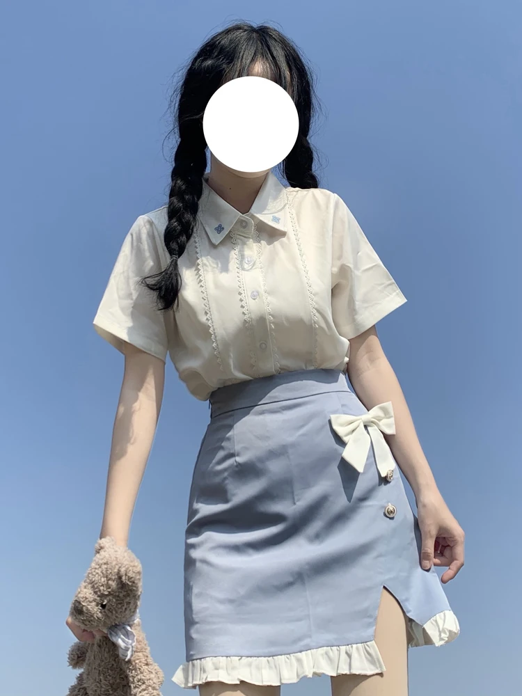 

KIMOKOKM Summer Preppy Style High Waist Kawaii A-Line JK Skirts Vintage Bow Sweety Ruffles Slit Girly Mini Skirt For Women