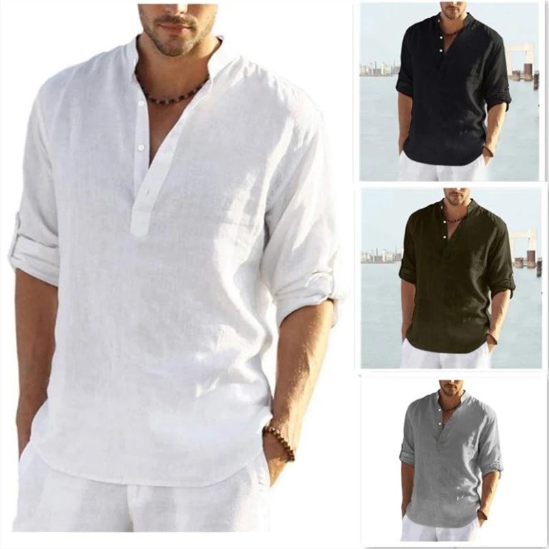 2023 New Men's Linen Long Sleeve T-Shirt Solid Color Loose Spring T-Shirt Long Sleeve Cotton Linen Shirt Plus Size Shirts Men