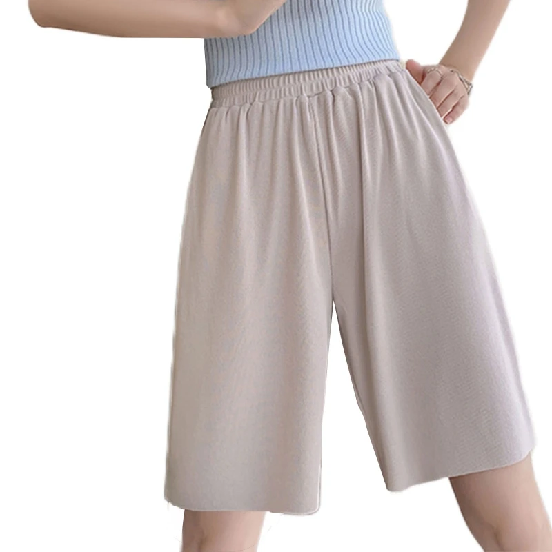 

Women Summer Silky Thin Wide Leg Shorts with Pockets Elastic High Waist Solid Color A-Line Flowy Hem Knee Length Lounge Pants