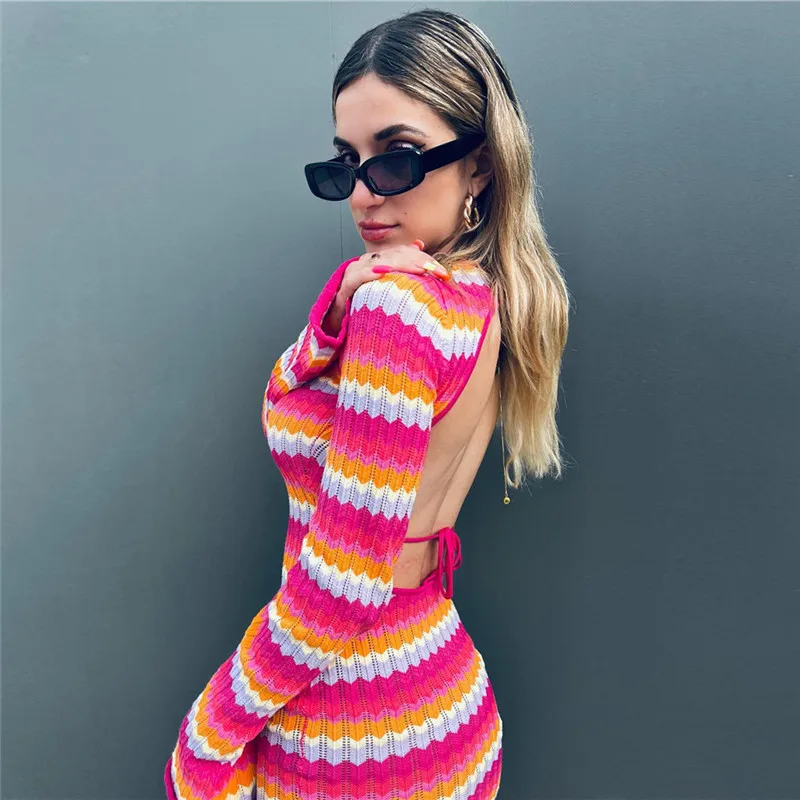 

Knitted Backless Dress Women Striped Mini Bodycon Sundress Red Club Dresses Sexy Party Beach Outfits For Woman Dresses Y2K Robe
