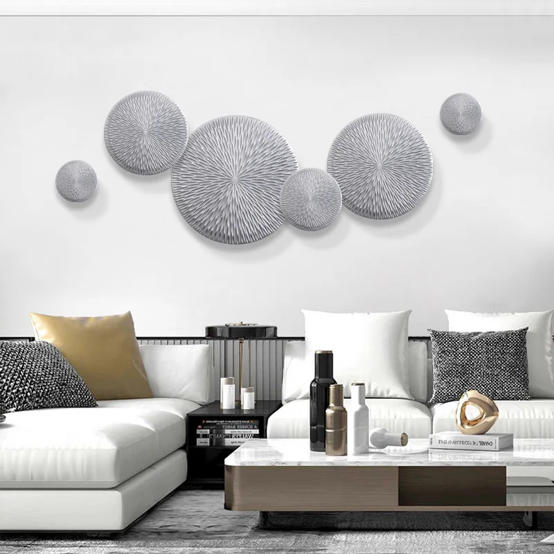 

Modern Luxury Silver Wooden Round Shape Wall Hanging Home Livingroom Background Wall Mural Crafts Store Hotel Wall Sticker Decor