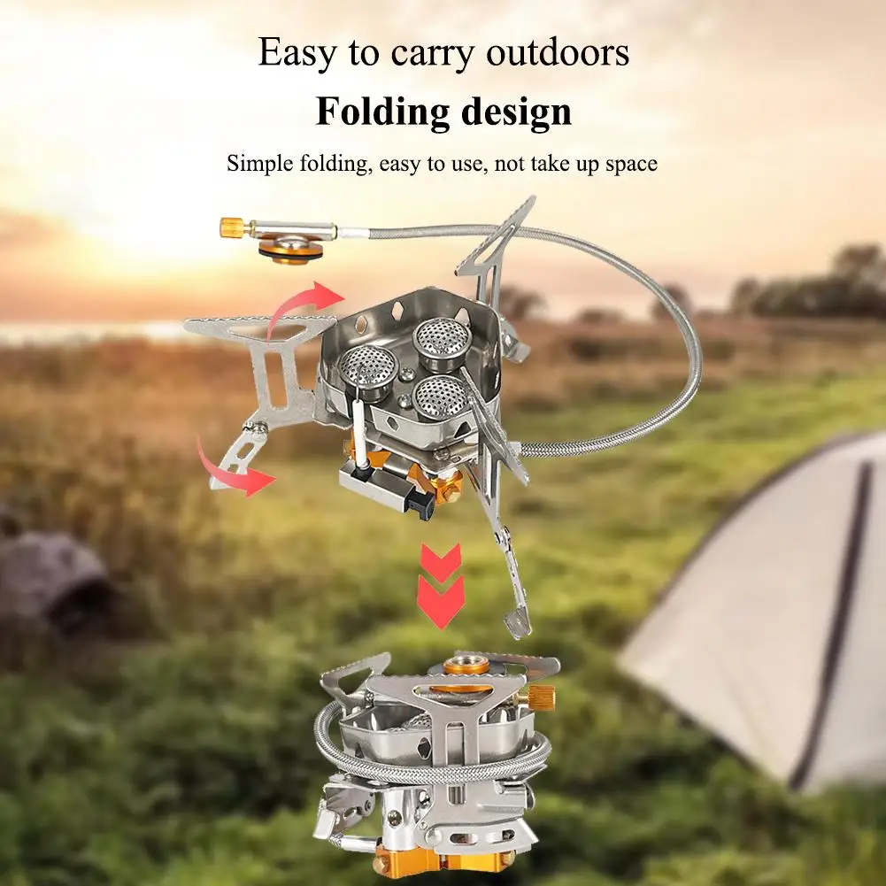 

Уличная газовая плита 5800 Вт, высокомощная ветрозащитная портативная фотогорелка для кемпинга, пешего туризма, пикника, пожарный нагревател...