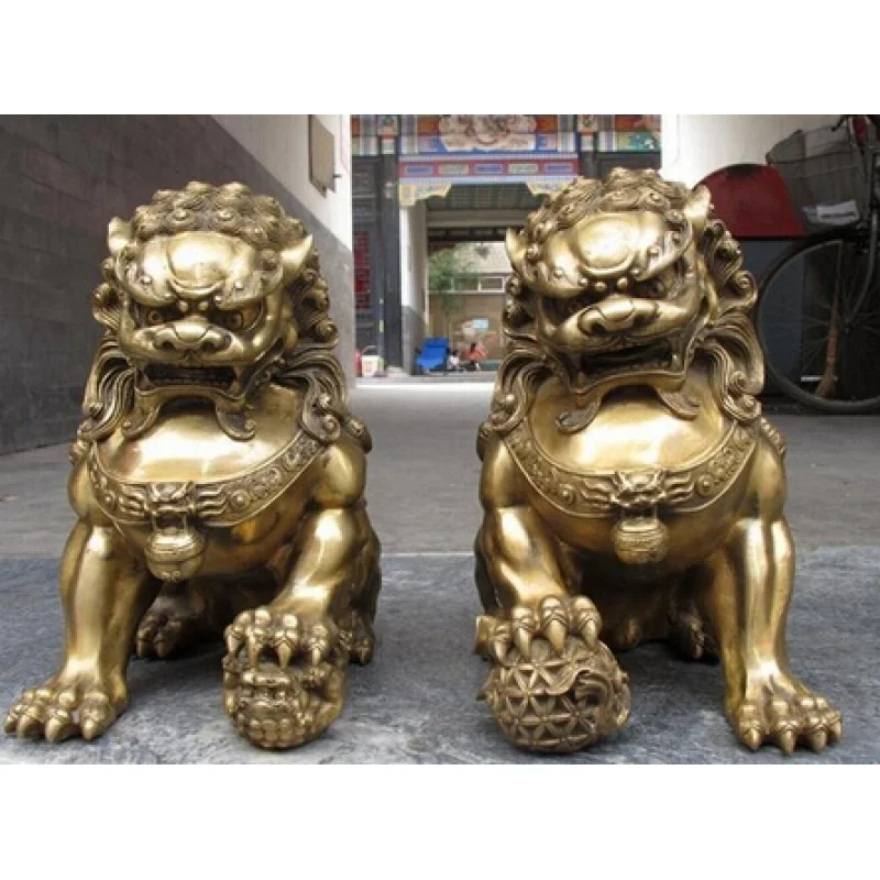 

Free Shipping>China regius Pure Brass Door talisman Fu Foo Dog Evil Guardian Lion statue Pair