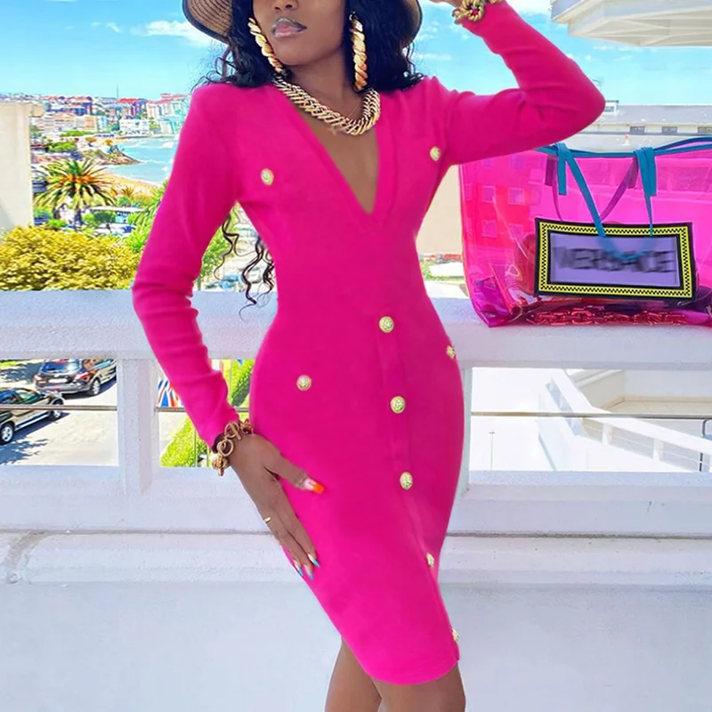 

Элегантное облегающее платье миди с глубоким V-образным вырезом, женское Повседневное платье с длинным рукавом, модное офисное платье на пуговицах, платья