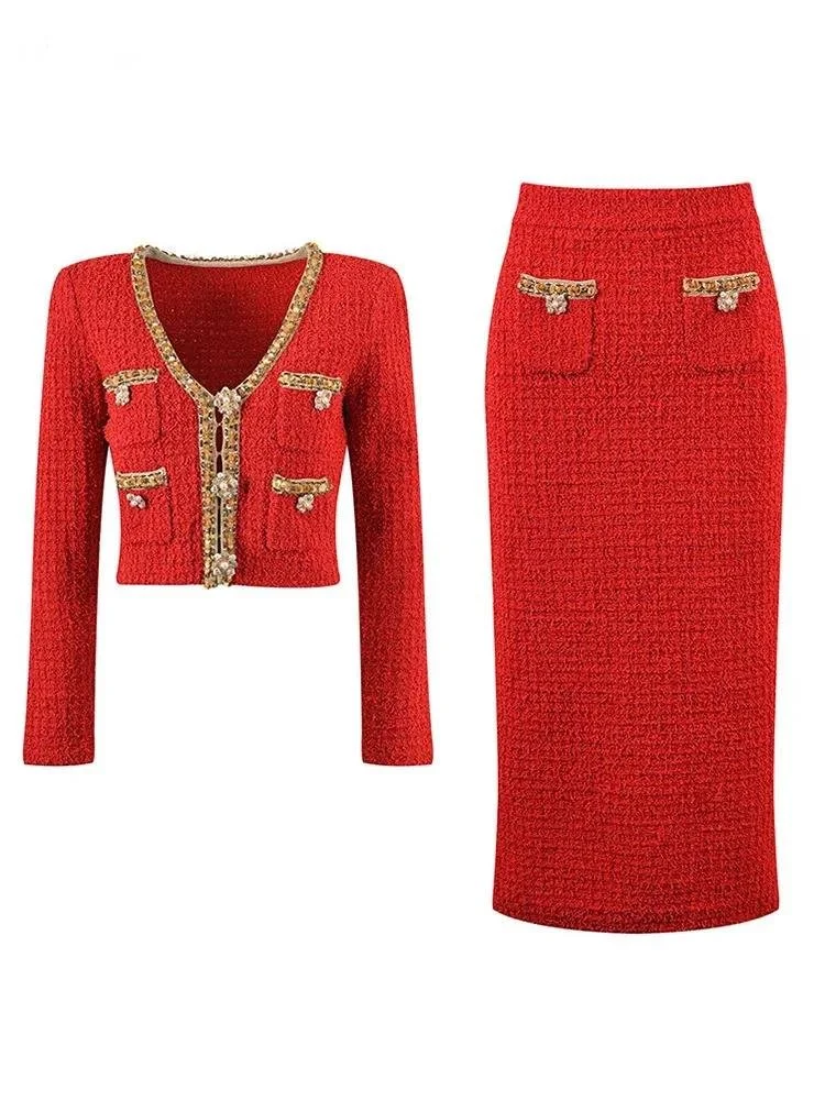 QMQA Модные женские твидовые комплекты из 2 предметов с v-образным вырезом и