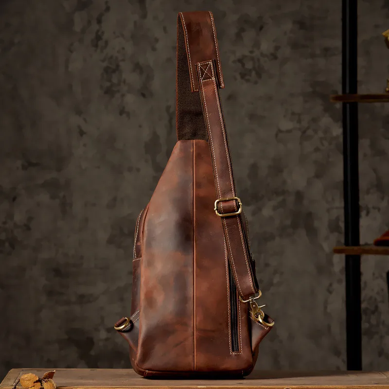 Retro fashion crazy horse cowhide men's multi pocket brown chest bag youth outdoor sports hot sale genuine leather diagonal bag