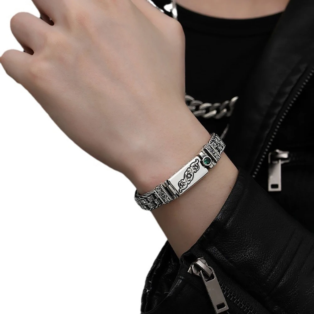 

Retro Domineering Emerald Stone Crystal Men Bracelet Jewelry Woven Triplex Row Grass Pattern Bracelet Chain Male Party Gift