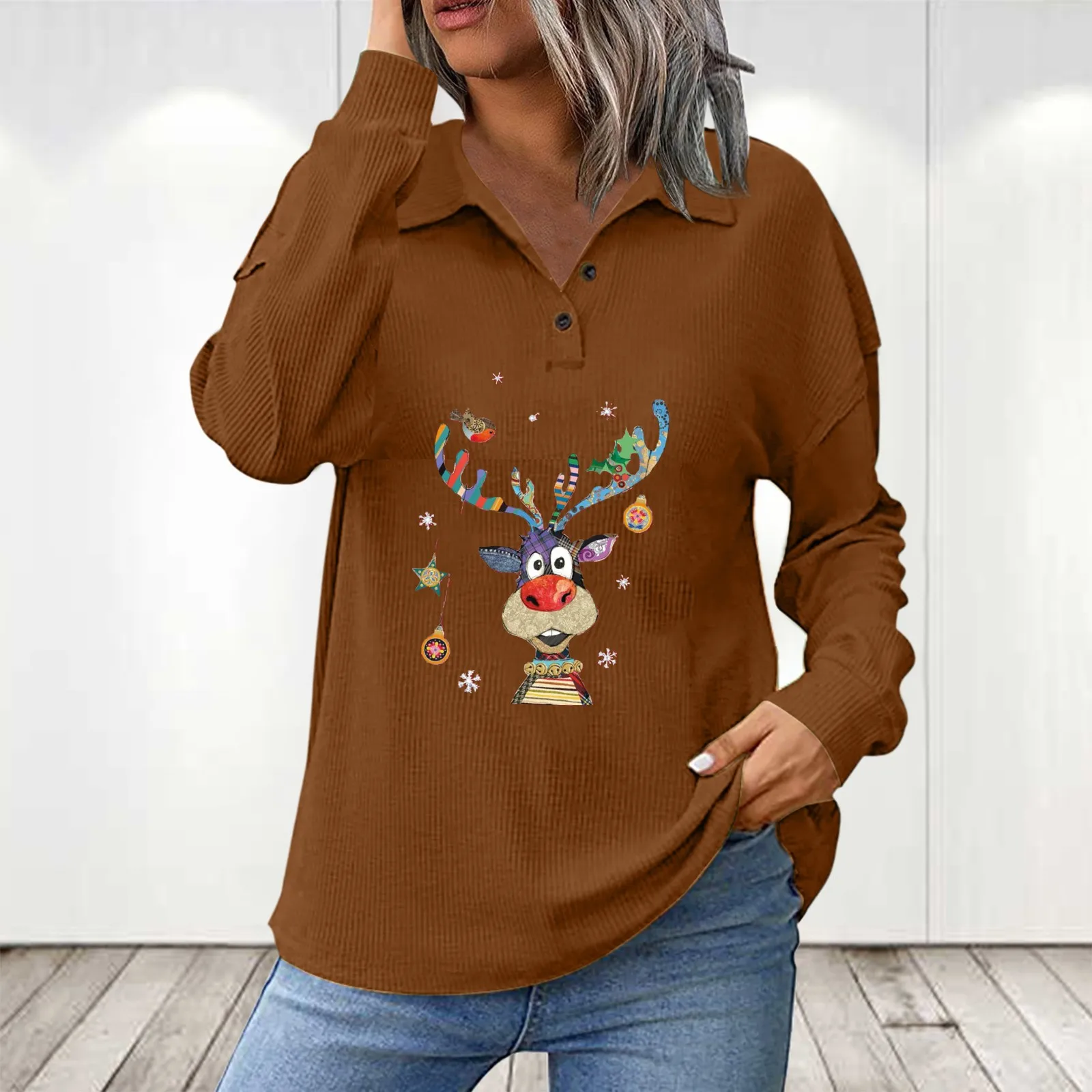 

Women's T Shirt Christmas Printing Blouse Button Placket Tops Lapel Long Sleeve Tops Casual Shirt Autumn Spring Outfits