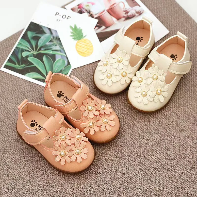 Congme Baby Girls Leather Shoes Newborn Toddler Kids Floral Shoes Princess Casual Sandals Soft Comfortable