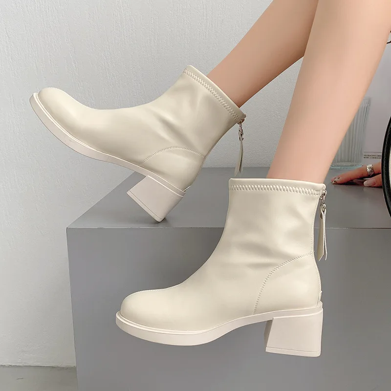 

Brand Women's Shoes Autumn Boots Chelsea Round Toe Back Zip Zipper Boots-Women Fashion Rock Med Rubber Ladies 2023 Flock Hoof He