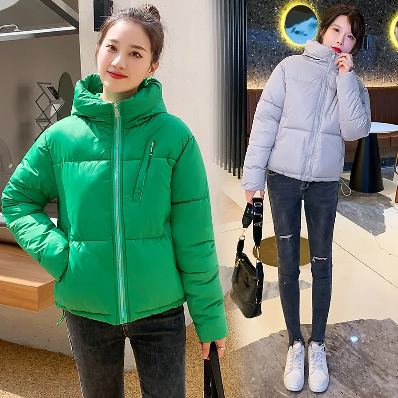 

2023 New Winter Women's Down Cotton-padded Bread Coat Thick Loose Pure Color Short Hooded Jacket