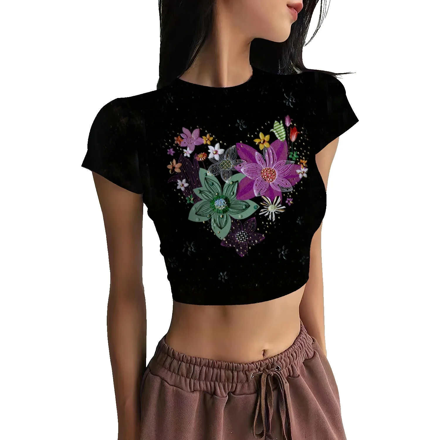 

European and American Flower Print Sports Top Sexy Navel Round Neck Fitness Short Sleeve Tight Stretch Yoga T-Shirt