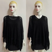 2022 spring hanging dyed shawl tassels on four sides gradient color wavy pattern loose large knitted hollow pullover black