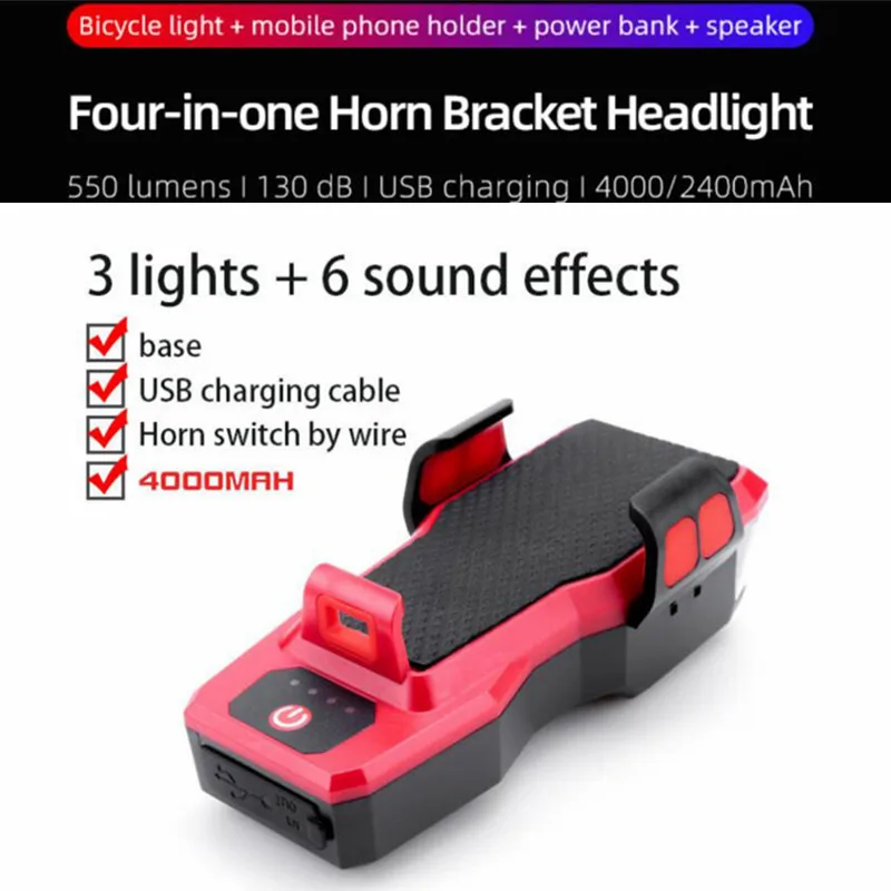 

NEW Multifunctional 4 In1 Bicycle Headlight Horn Phone Bracket Removable Waterproof USB Charging Bike Flashlight Accessoriy