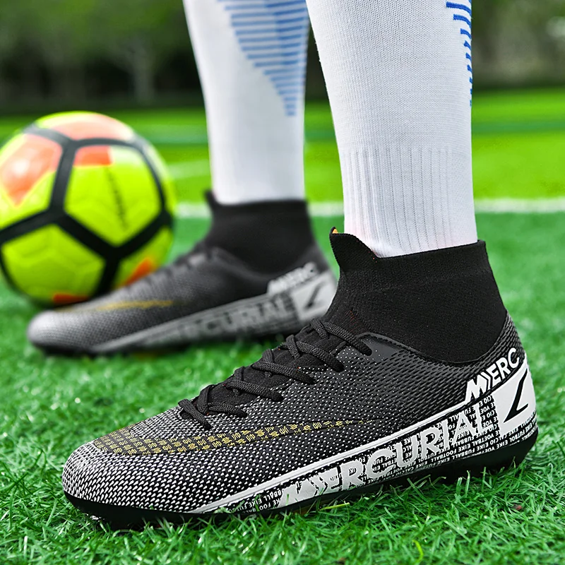 Men Professional FG/TF Soccer Shoes Non-Slip Long Spike Football Boots Young Kids High Ankle Cleats Grass Soccer Sneakers