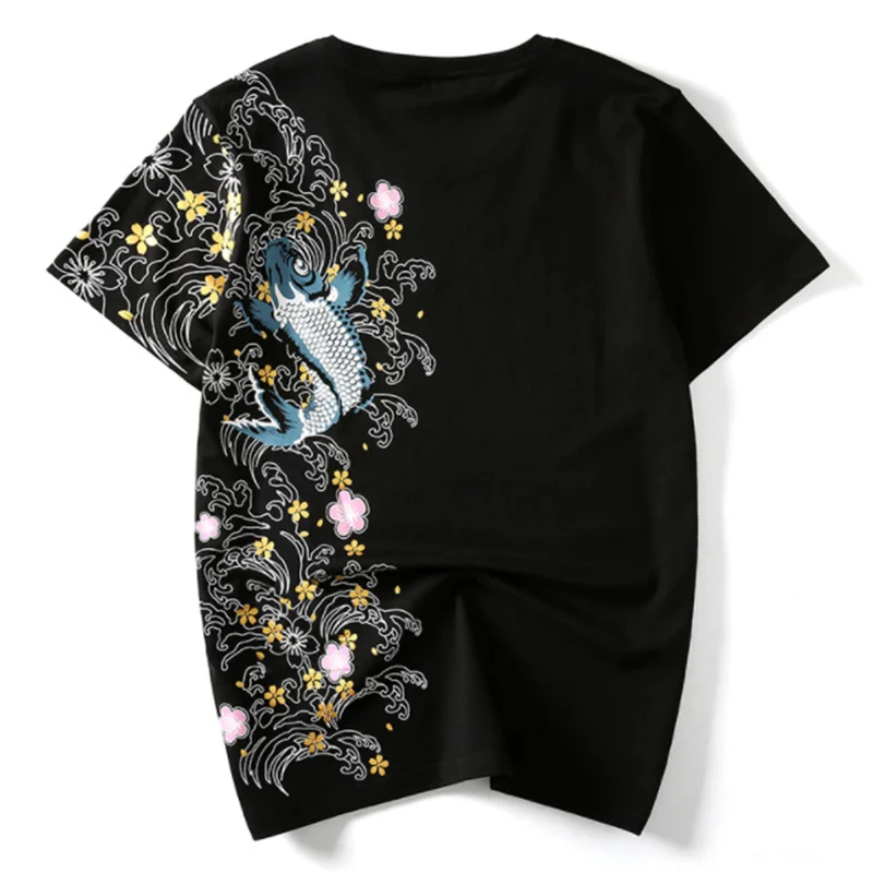 

Summer Japanese Fashion Brand Chinese Style Carp National Style Embroidery Loose Large Short Sleeve T-shirt Men's Pure Cotton