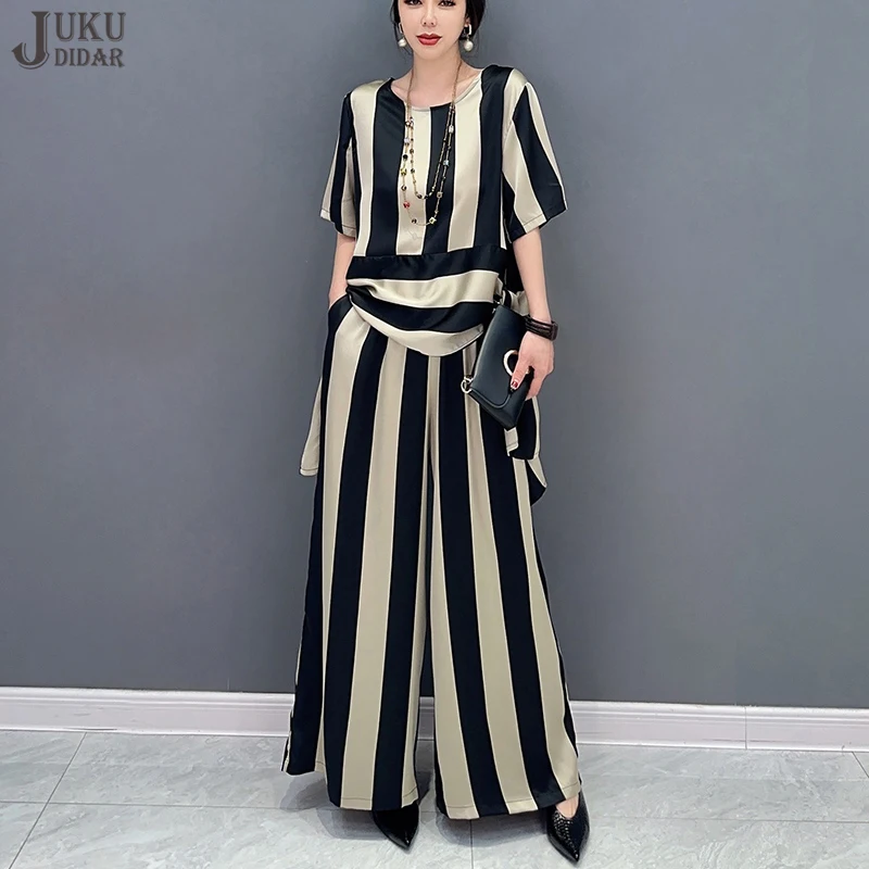 

Свободные летние комплекты из двух предметов, черные полосатые широкие брюки и футболка большого размера, повседневные наряды JJSE017