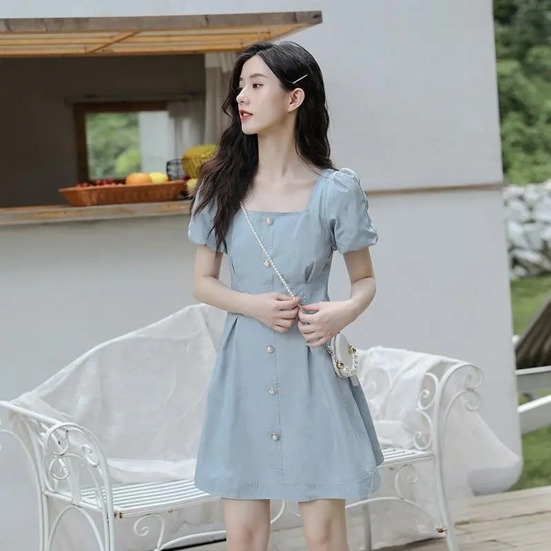 Новинка лета 2022 милый модный сарафан на пуговицах для девочек синяя мини-юбка с
