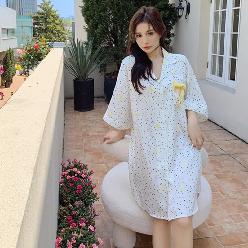 2022 Ice Silk Nightdress Women Summer Print White Bow Pajamas Silk Loose Plus Size Homewear Nightdress Nighty for Ladies