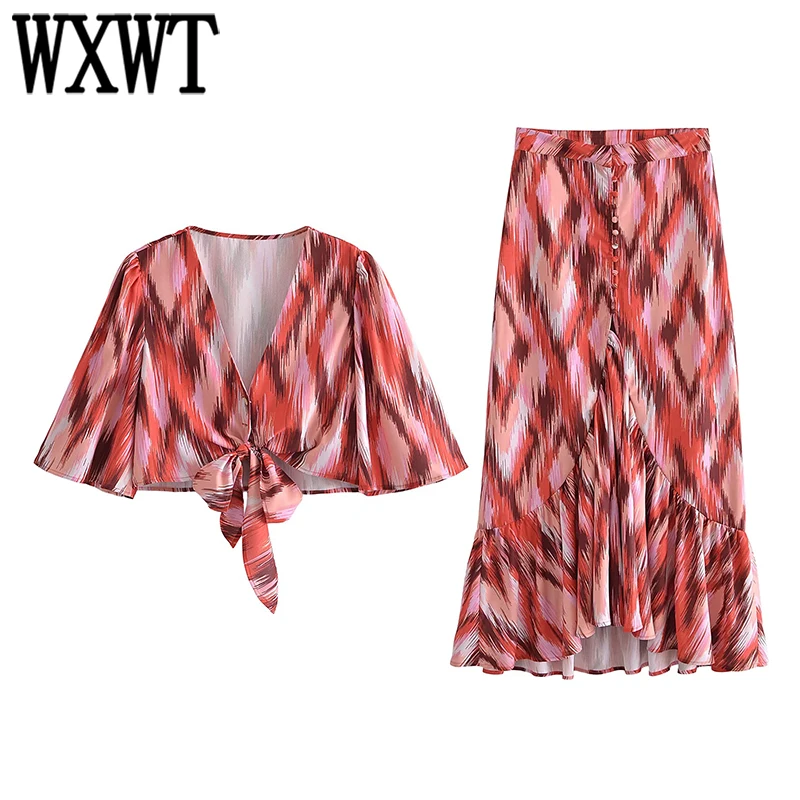 

WXWT Women's Sets Digital Print Cropped Lace-up Blouse With High Waist A Line Floor Length Skirts Female Summer Outfits