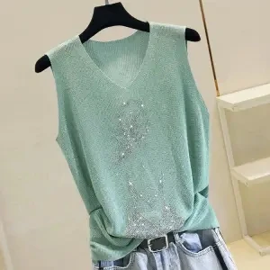 korean Bling Lurex diamond Summer knit Tank Top for Women ice silk Sleeveless Knit vest White Black Women's loose Camisole tops |