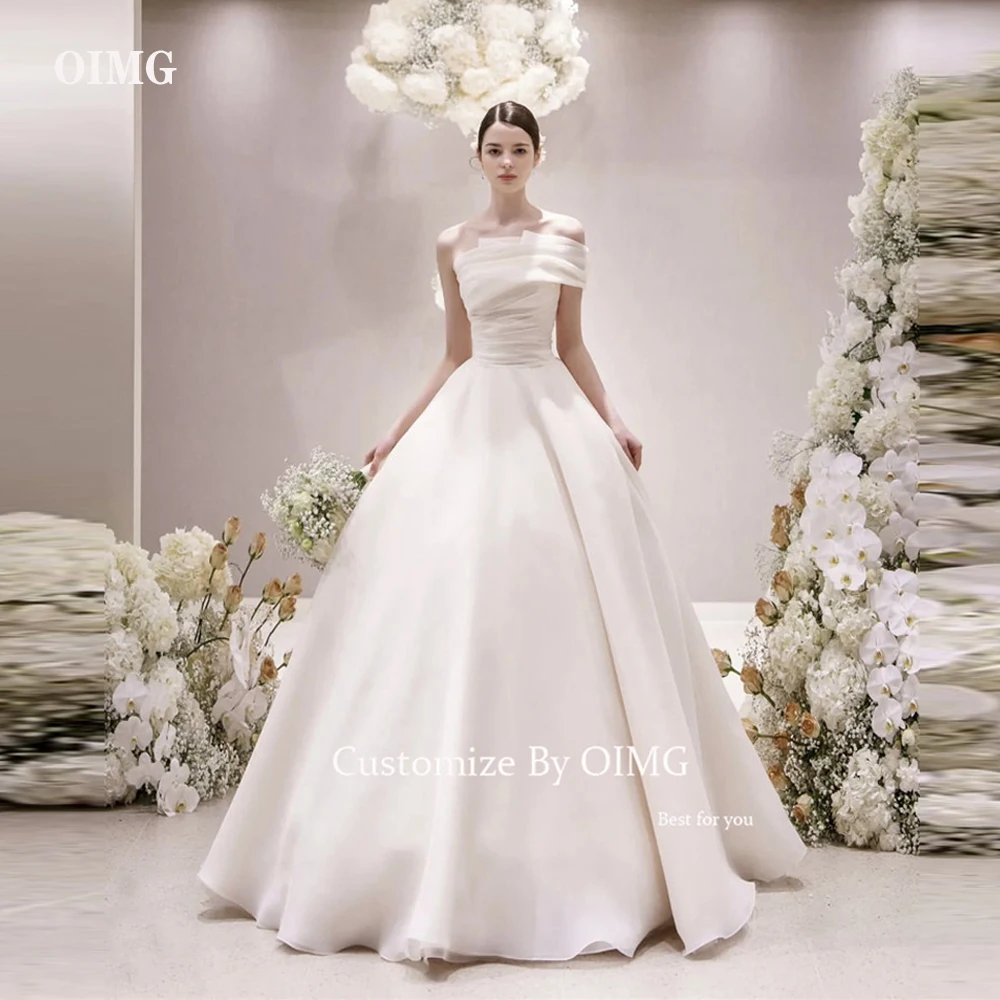 

OIMG Simple A Line Organza Korea Wedding Dresses One Shoulder Strapless Floor Length Bridal Gowns Korea Women Mariage Custom