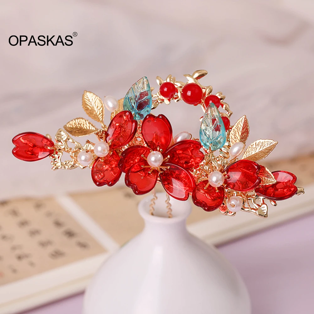 

Женские заколки Hanfu с красным цветком и жемчугом