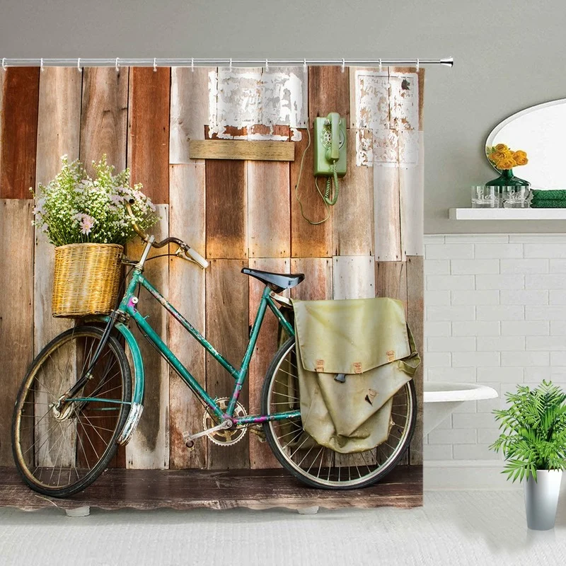 

Vintage Bicycle Flowers Shower Curtain Rustic Blue Wooden Board Bike Post Box Bath Curtains Bathroom Decor Waterproof Screens