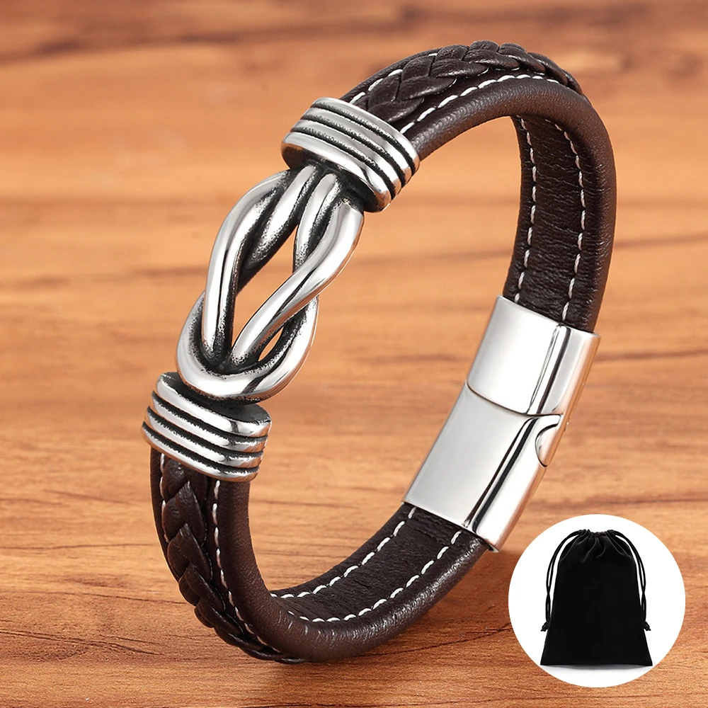 

Geometric Stainless Steel Men's Genuine Leather Bracelet Magnetic Clasp Brown Blue Bangle Christmas Jewelry Gift with Velvet Bag