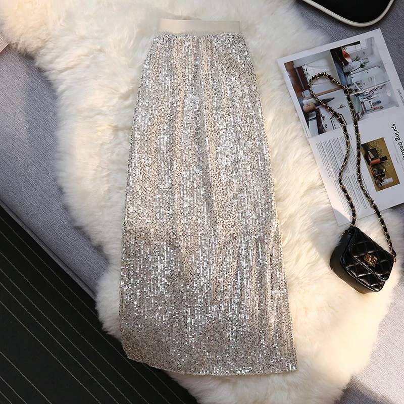 

Skirts Womens High Waist Glittering A-line Elegant Sequins Long Skirt Female Long Summer Stylish Elastic Split Midi Skirt