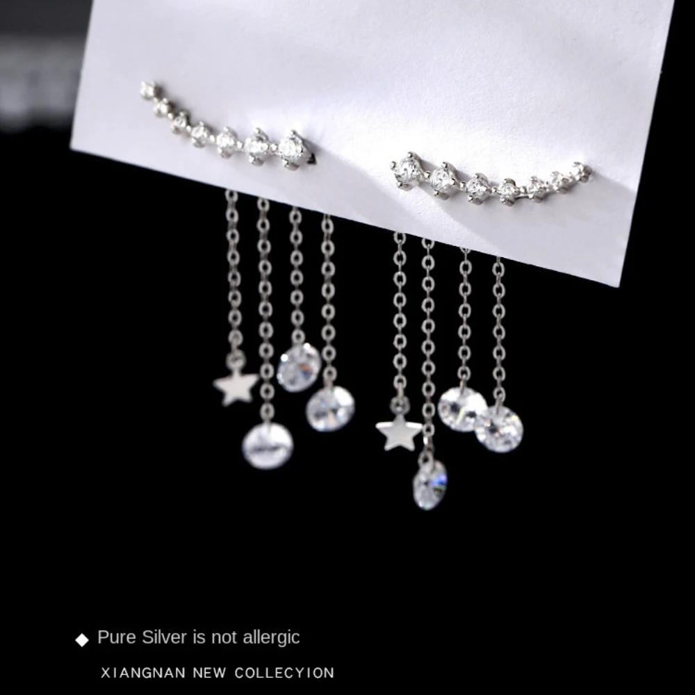

S925 Sterling Silver color Tassel Earrings Fashion 2 and 1 Star Zircon Earrings 2022 New Style Women Girls Student Jewelry Gift