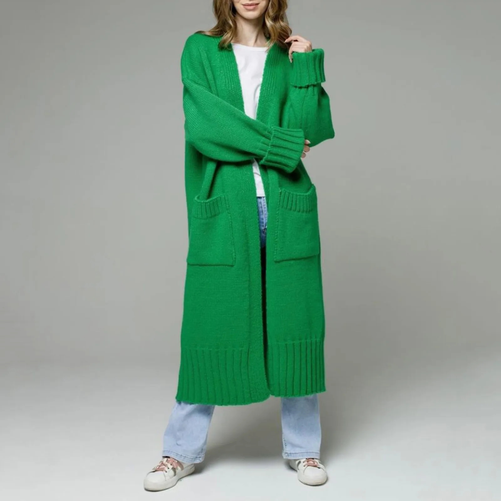 

Новинка 2023, зимние женские кардиганы, повседневный длинный вязаный кардиган, свитер, куртка, свободный однотонный Тренч с V-образным вырезом