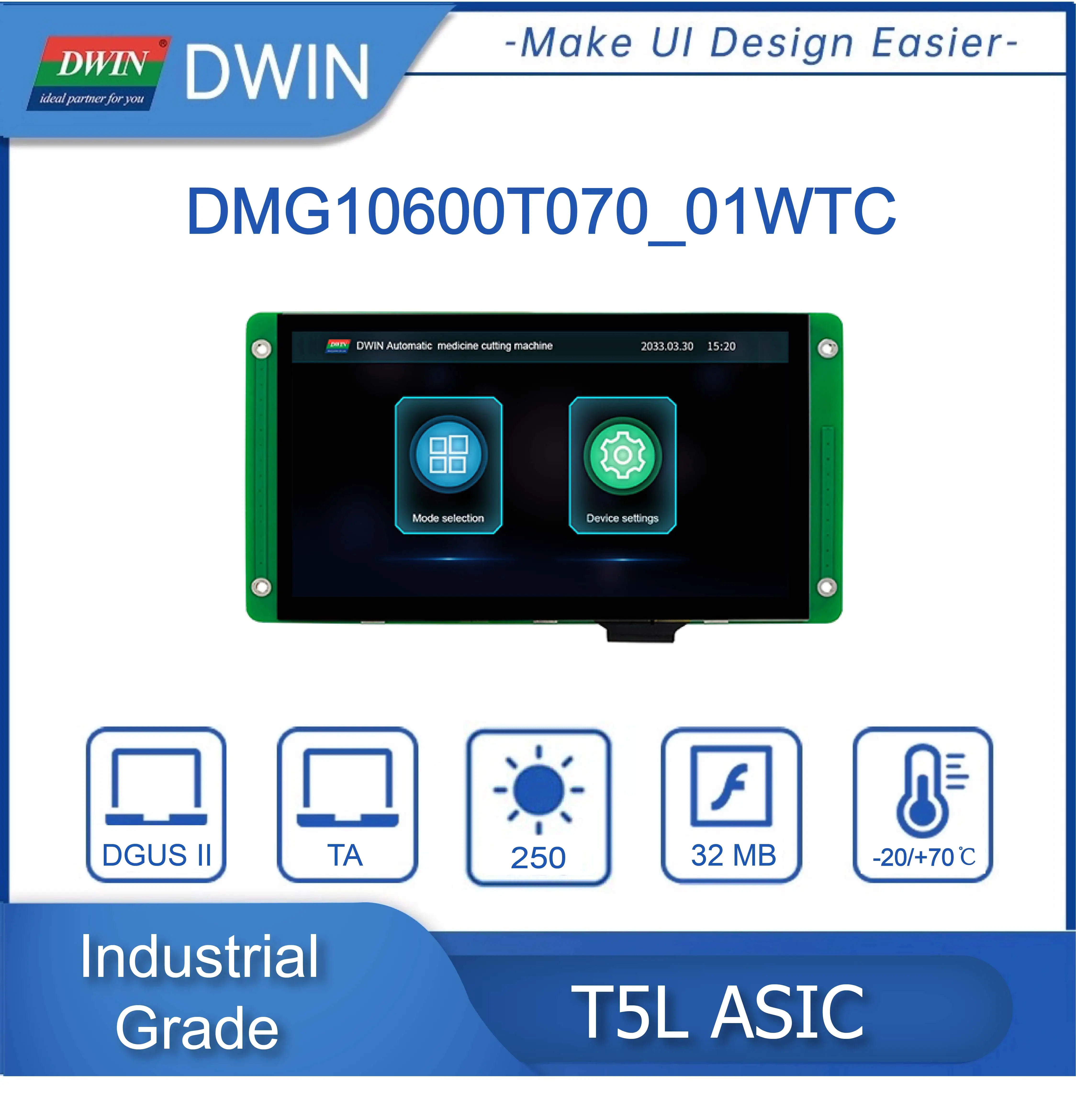 

DWIN Arduino LCD Module 7.0 Inch 1024*600 Resolution HMI ESP32 Display DMG10600T070_01W