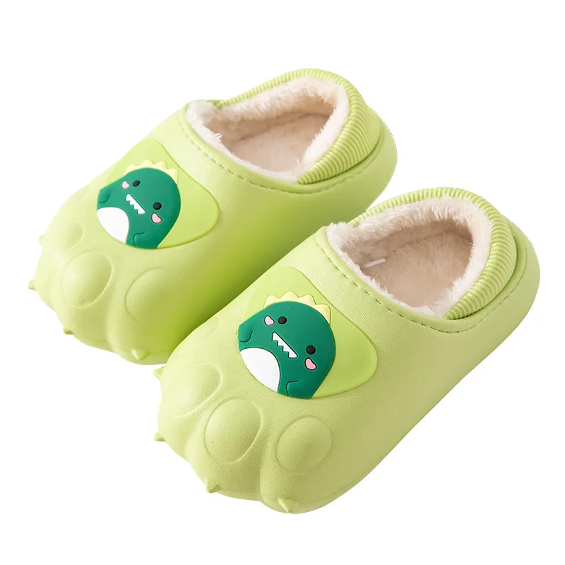 Family Fur Mules Shoes Mother Kids Dinosaur Slippers Home Waterproof Loafers Boy Girls Slip On Furry Animal Cotton Padded Shoes