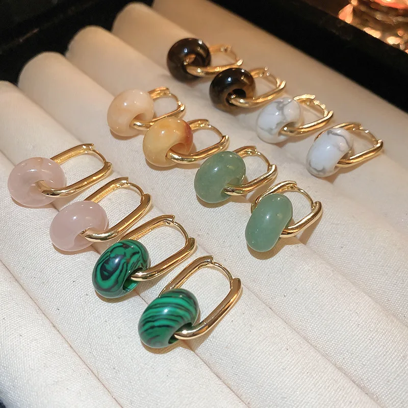 

Gold Color Oval Circle Jade Stone Drop Earrings For Women