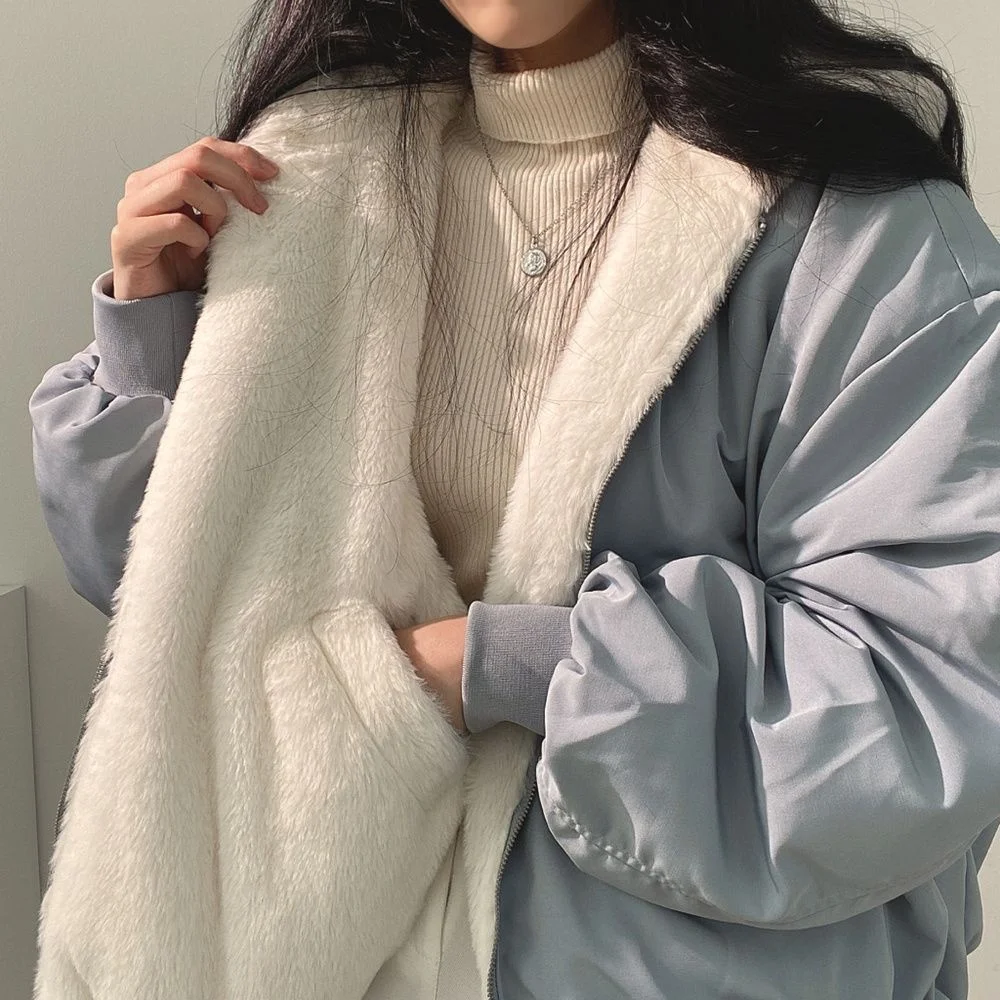 YICIYA Coat Woman Winter 2023 Fashion Lambswool Reversible Jacket Women Harajuku Oversized Solid Basic Winter Zip Up Hoodie Coat
