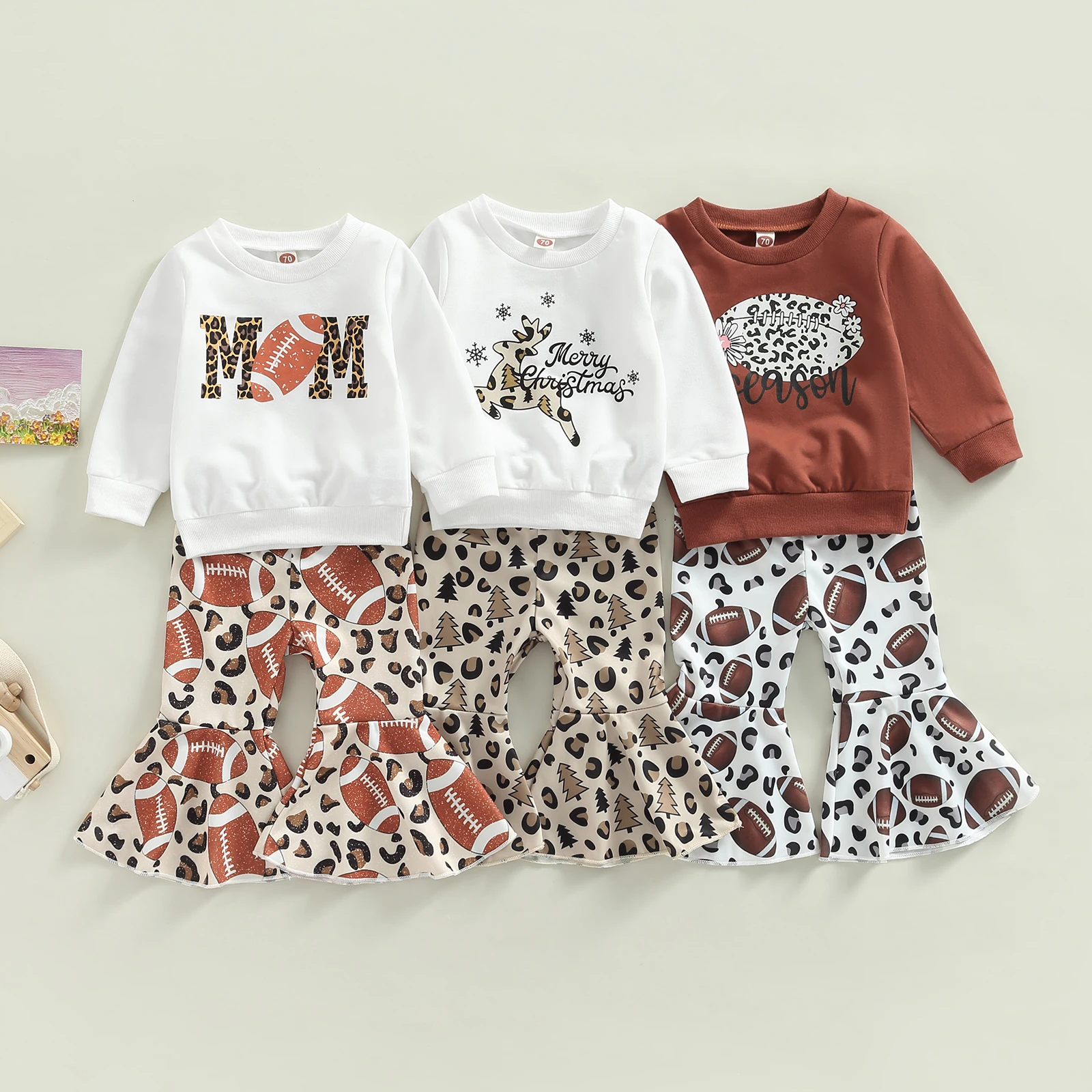 

Toddler Baby Girl Football Outfit Long Sleeve Sweatshirts + Leopard Print Flared Bell Bottom Pants Fall Outfit Set