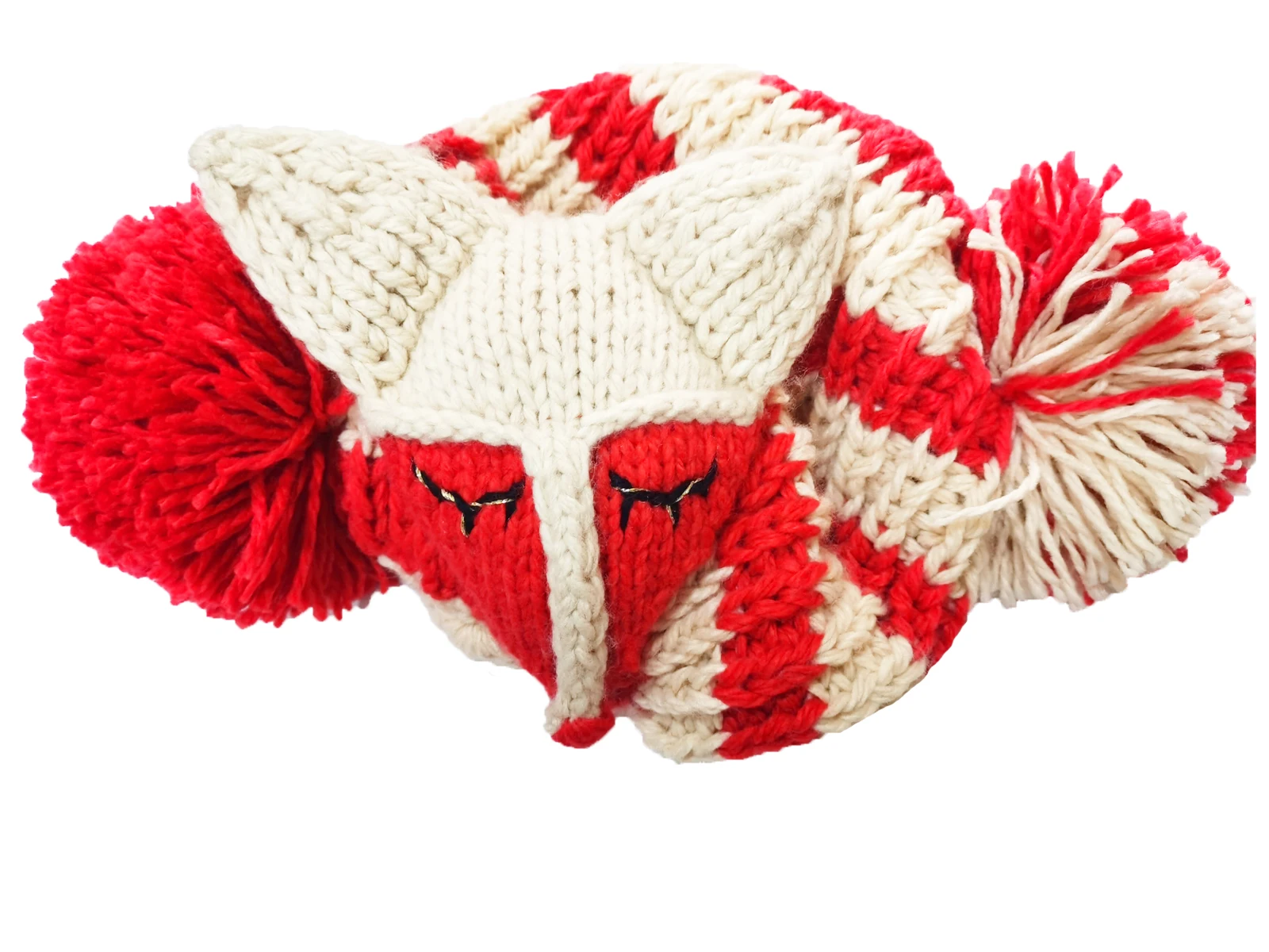 Cute Carntoon Fox Hat Handmade Knitted Cosplay Beanie PomPom Eearmuff Warm Cap