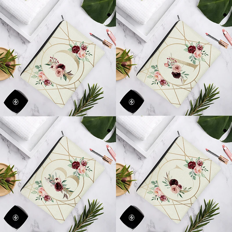 

Golden English Alphabet Geometric lines Pink Rose Linen Cosmetic Bag For Beauty Women Wedding Makeup Easy Carry Storage Travel