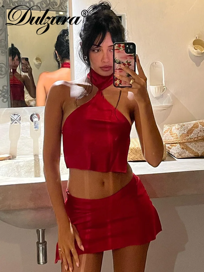 

Dulzura/женская сексуальная одежда Y2K, атласный комплект из 2 предметов с открытой спиной, укороченный топ с высокой талией, облегающая мини-юбка, клубный комплект