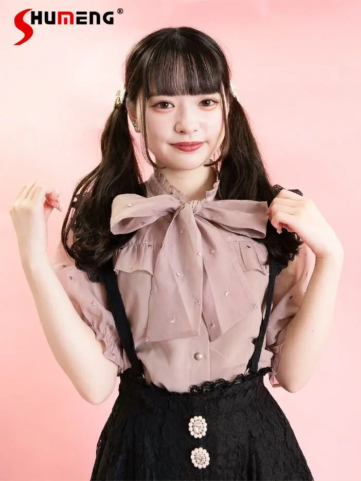 

Rojita Милая женская блузка Новая летняя Лолита Мина деревянные уши любовь вышивка рубашка галстук бабочка милые топы