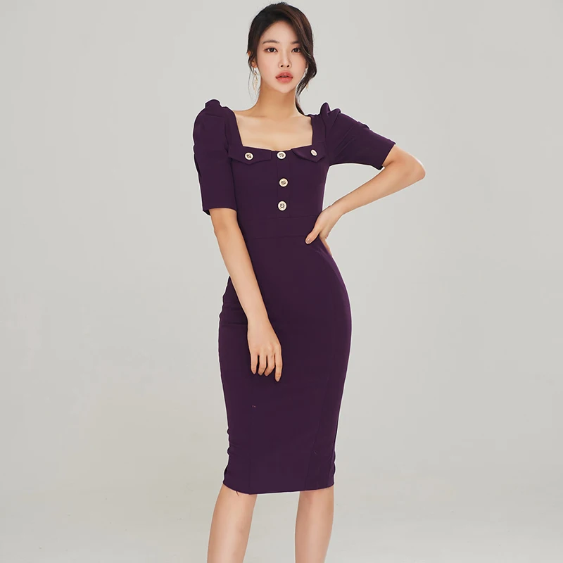 

New Business Women Square Collar Purple Sheath Dress Summer Office Ladies Puff Sleeve Button Deco Bodycon Pencil OL Vestidos