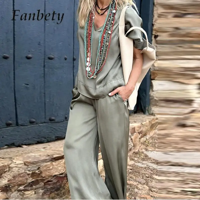 

Женский комплект из двух предметов, повседневный однотонный топ с V-образным вырезом и брюки с высокой талией и широкими штанинами, лето 2023