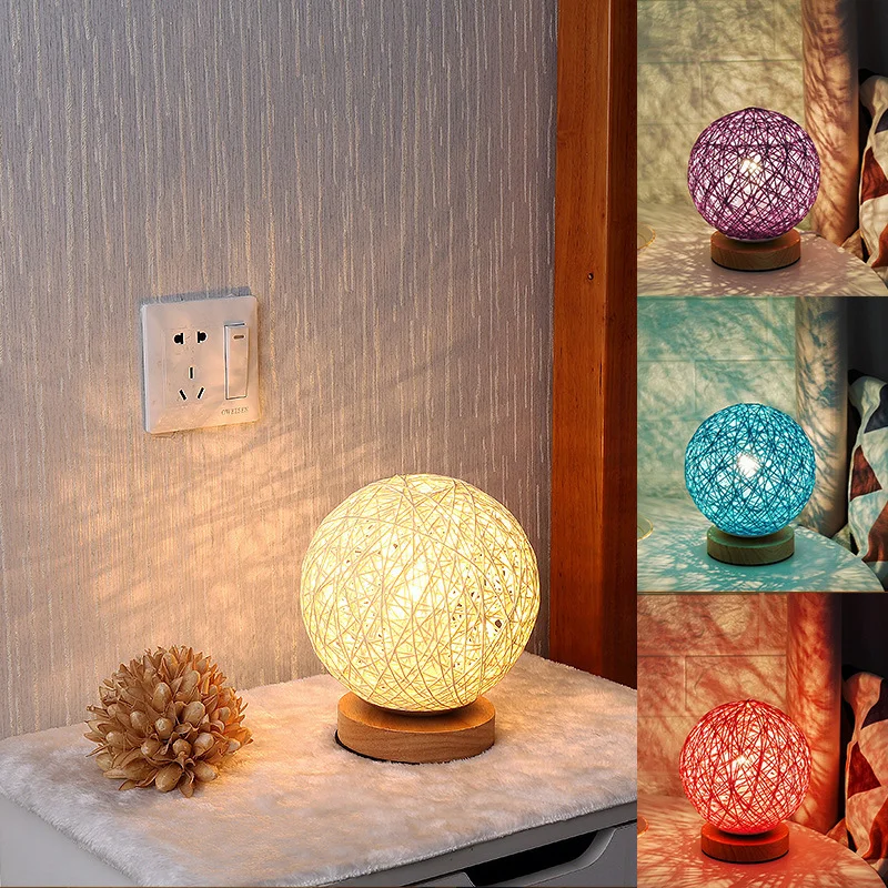 

Nordic Solid Wood Homestay Rattan Ball LED Small Night Light Creative Starry Sky Usb Desk Lamp Home Bedroom Bedside Decoration