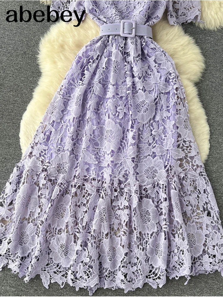 Элегантное вязаное кружево женское платье с круглым вырезом ажурное Фиолетовое
