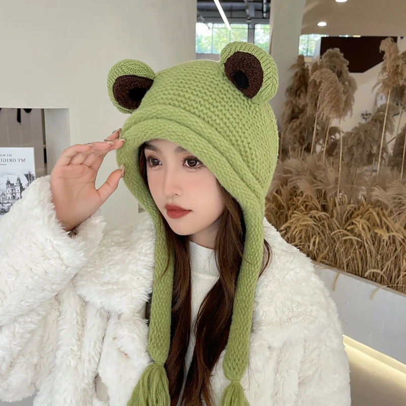 Frog Woolen Cap Women Autumn and Winter Korean Ins Cute Knitted Sleeve Green Earmuff Warm Earmuffs Student