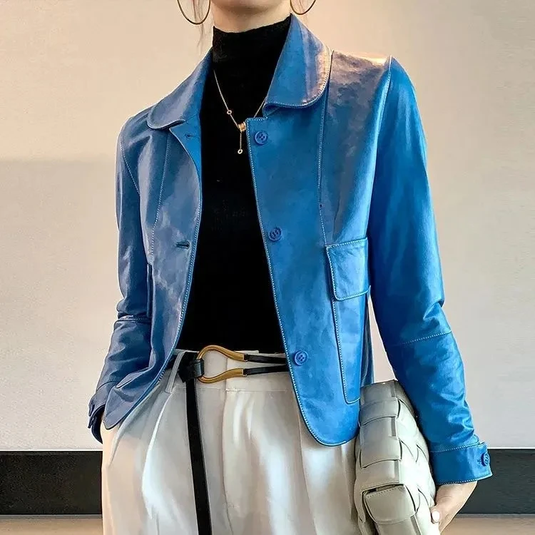 

Women's Leather Jacket 2022 Spring Autumn Coat New Fashion Women Temperament Slim Double Pocket Leather Jacket Top