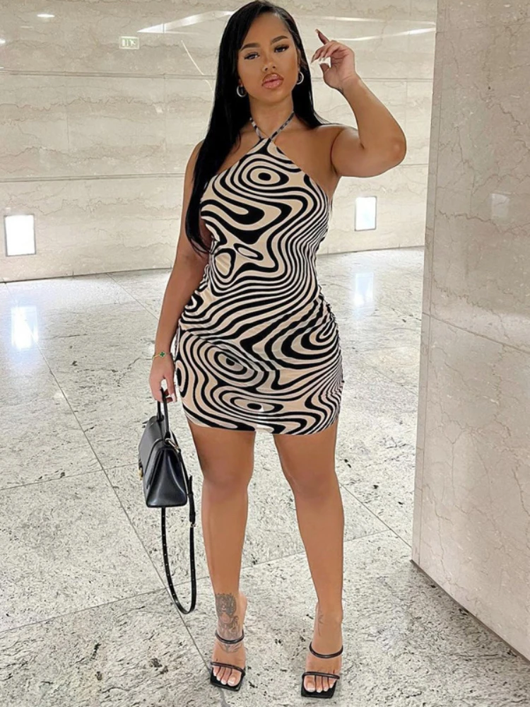 

XIZOU Zebra Print Lace-up Halter Dress 2023 Summer Sleeveless Sexy Backless Bodycon Dress Female Elegant Party Clubwear Outfits