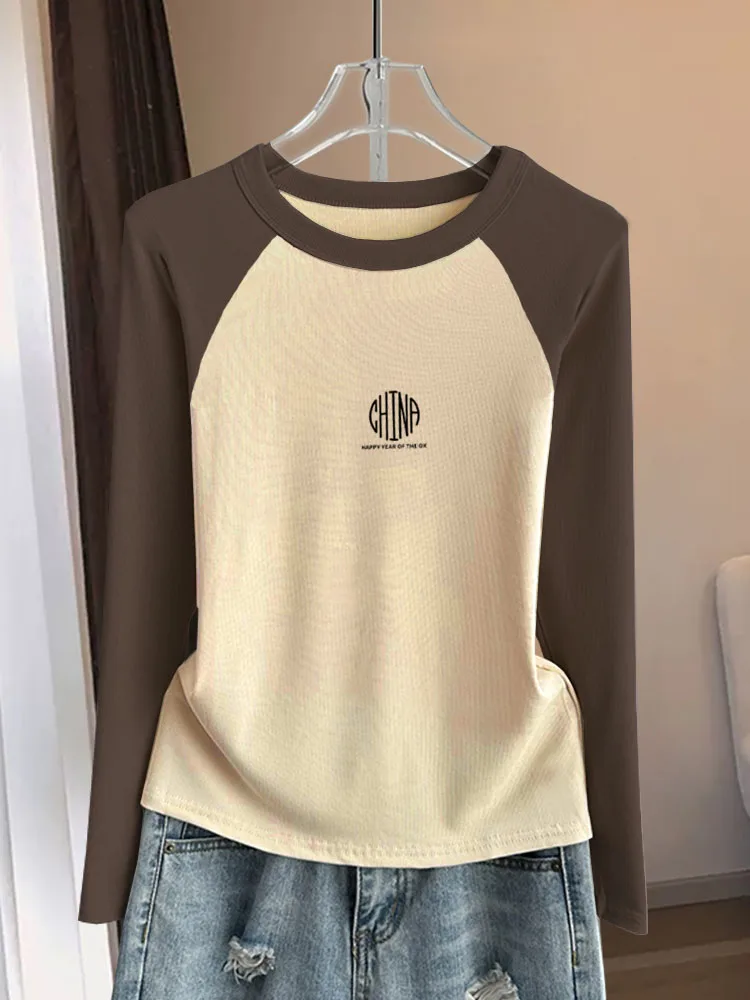  Design Sense Shoulder Color Matching Pure Cotton Long sleeves Shirt Women Maillard Versitile Fashion Slim fit