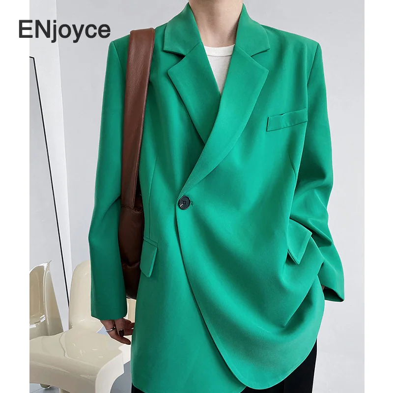 

Винтажный Зеленый костюм силуэта блейзер для женщин корейская мода повседневные с длинным рукавом Свободные костюмы Офисная Женская рабочая одежда куртка